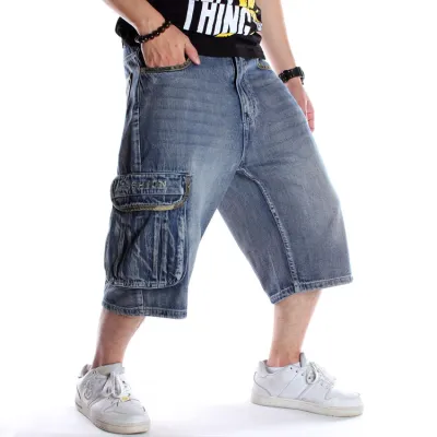 Men Fashion Hip-Hop Plus Size Loose Cropped Denim Jeans