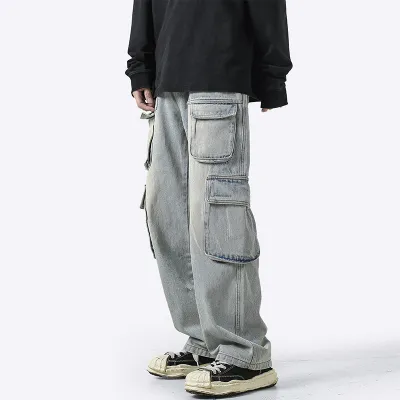 Men Fashion Casual Hip-Hop Loose Cargo Straight Jeans with Three-Dimensional Cut