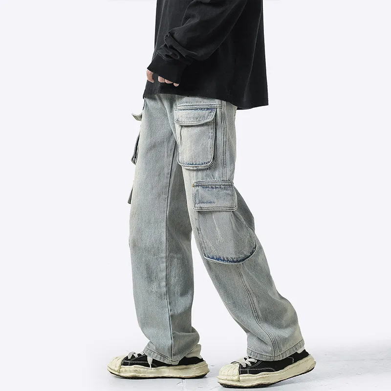 Men Fashion Casual Hip-Hop Loose Cargo Straight Jeans with Three-Dimensional Cut