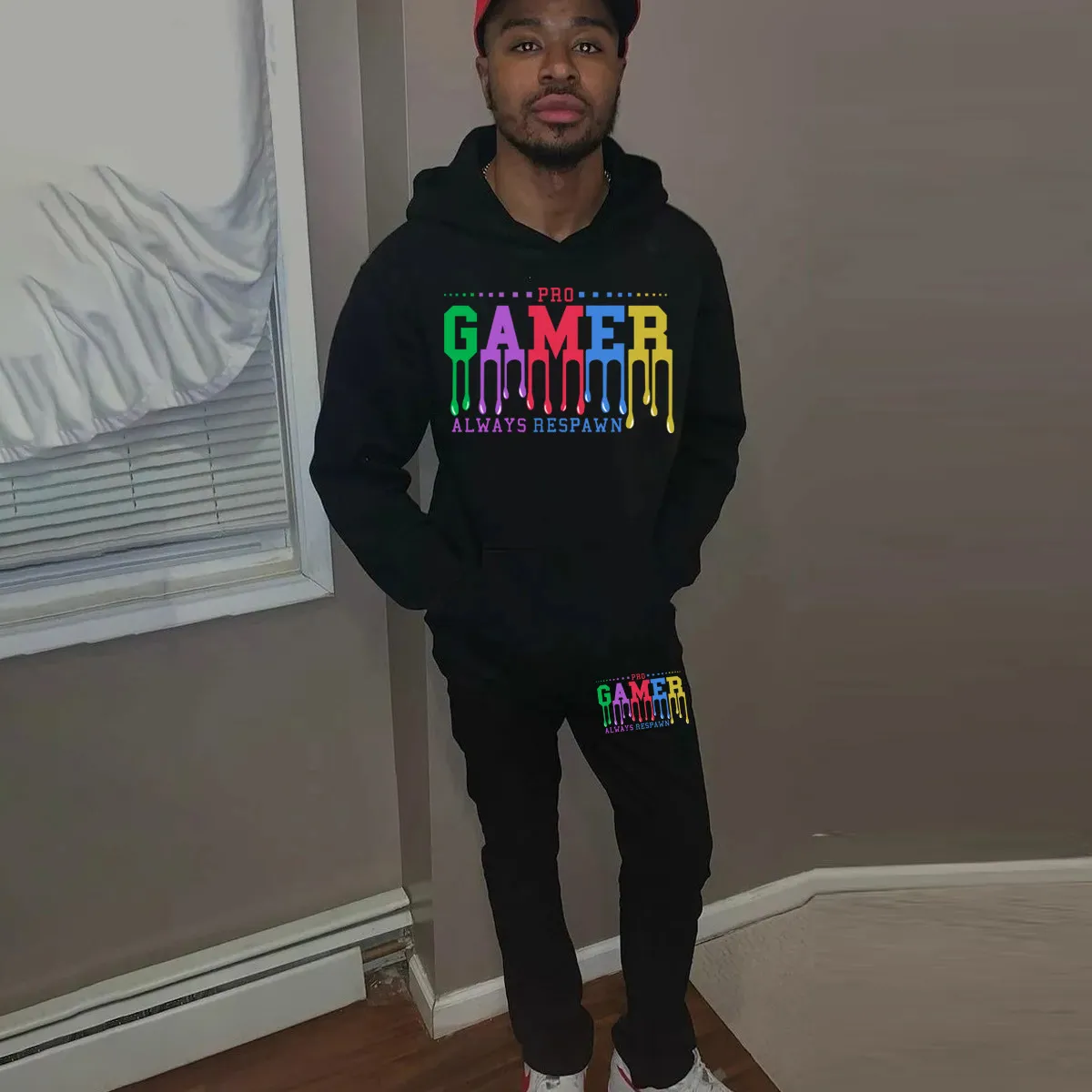 Men Fashion Solid Color Letter Print Long Sleeve Hooded Sweatpants Two-Piece Set
