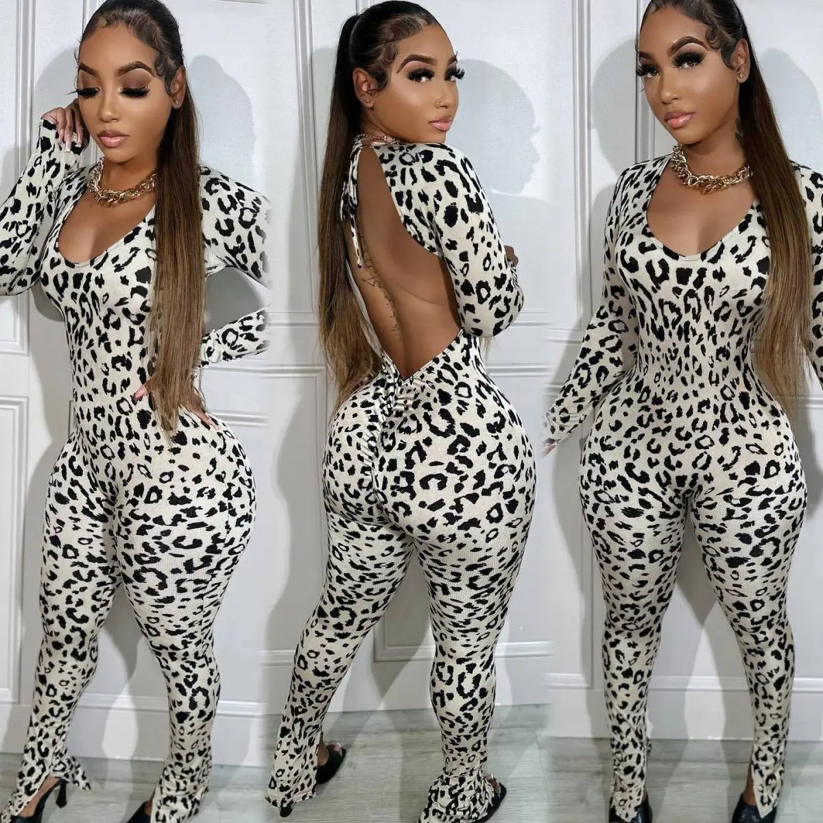 Women Fashion Sexy Leopard Print Backless Long Sleeve Tight Jumpsuits