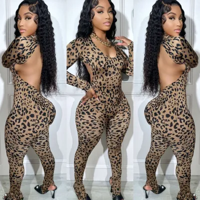 Women Fashion Sexy Leopard Print Backless Long Sleeve Tight Jumpsuits