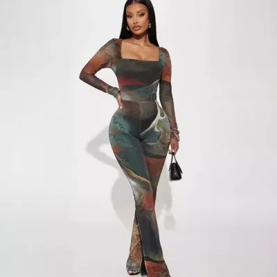 Women Fashion Sexy Square Collar Graphic Printed Long Sleeve Jumpsuits