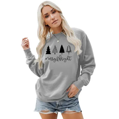 Women Minimalist Christmas Tree Print Crewneck Long Sleeve Sweatshirt