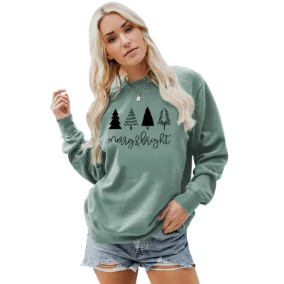 Women Minimalist Christmas Tree Print Crewneck Long Sleeve Sweatshirt