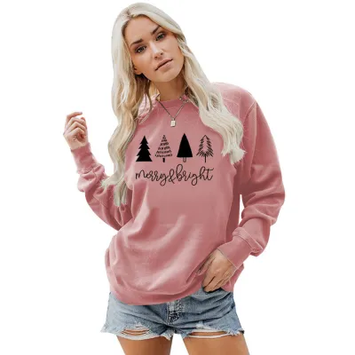 Women Minimalist Christmas Tree Print Crewneck Long Sleeve Sweatshirt