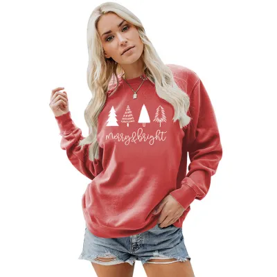 Women Minimalist Christmas Tree Print Crewneck Long Sleeve Sweatshirt