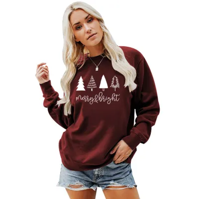 Women Minimalist Christmas Tree Print Crewneck Long Sleeve Sweatshirt