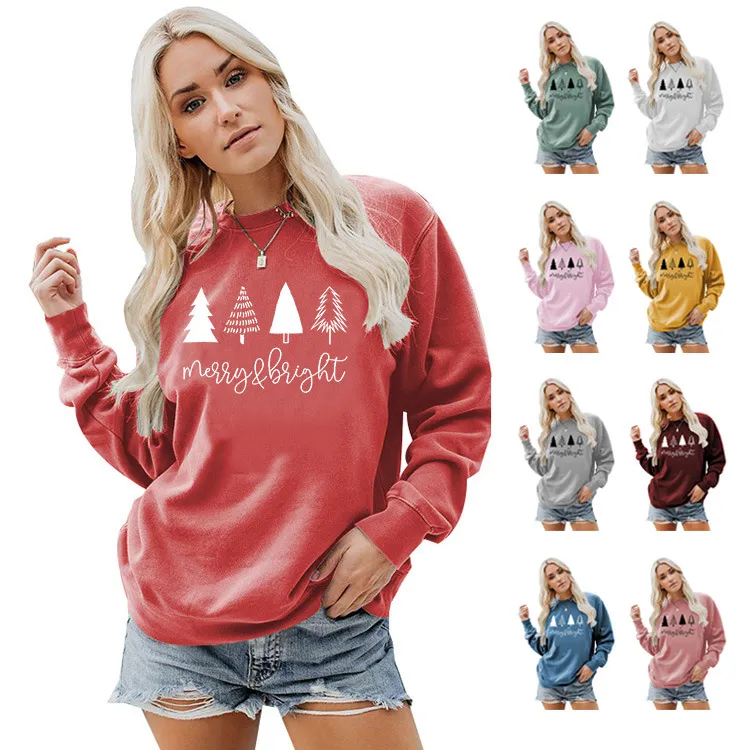 Women Minimalist Christmas Tree Print Crewneck Long Sleeve Sweatshirt