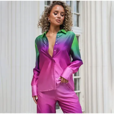 Women Casual Gradient Print Long Sleeve Shirt Pants Two-Piece Set