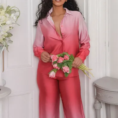 Women Casual Gradient Print Long Sleeve Shirt Pants Two-Piece Set