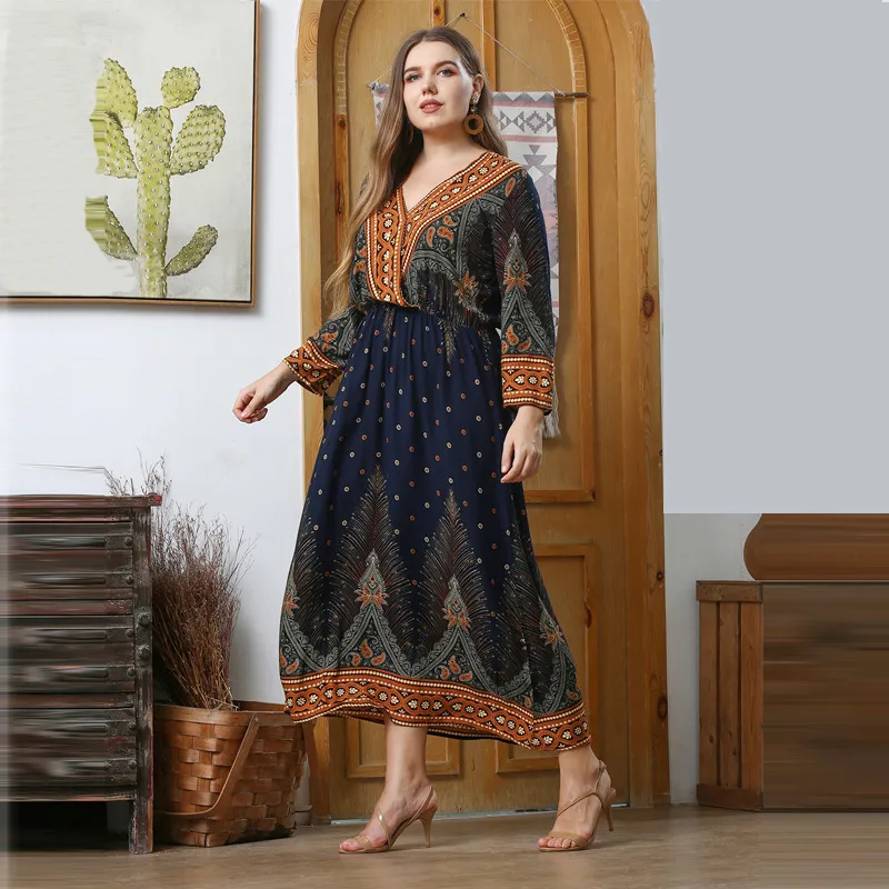 Women Casual Plus Size Peacock Print V-Neck Long Sleeve Dress