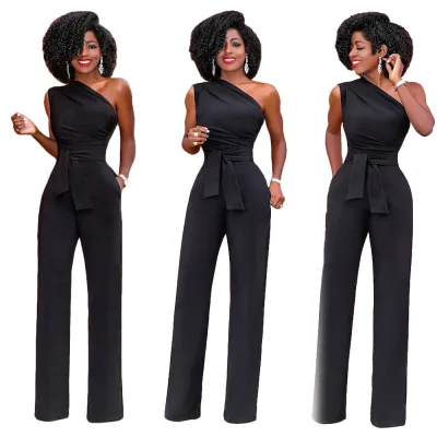 Women's Fashion Sexy Solid Color Oblique Shoulder Wide Leg Jumpsuits