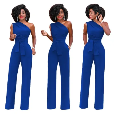 Women's Fashion Sexy Solid Color Oblique Shoulder Wide Leg Jumpsuits