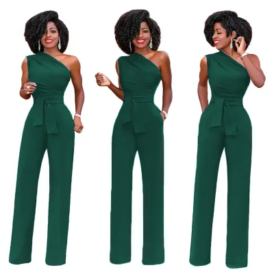 Women's Fashion Sexy Solid Color Oblique Shoulder Wide Leg Jumpsuits