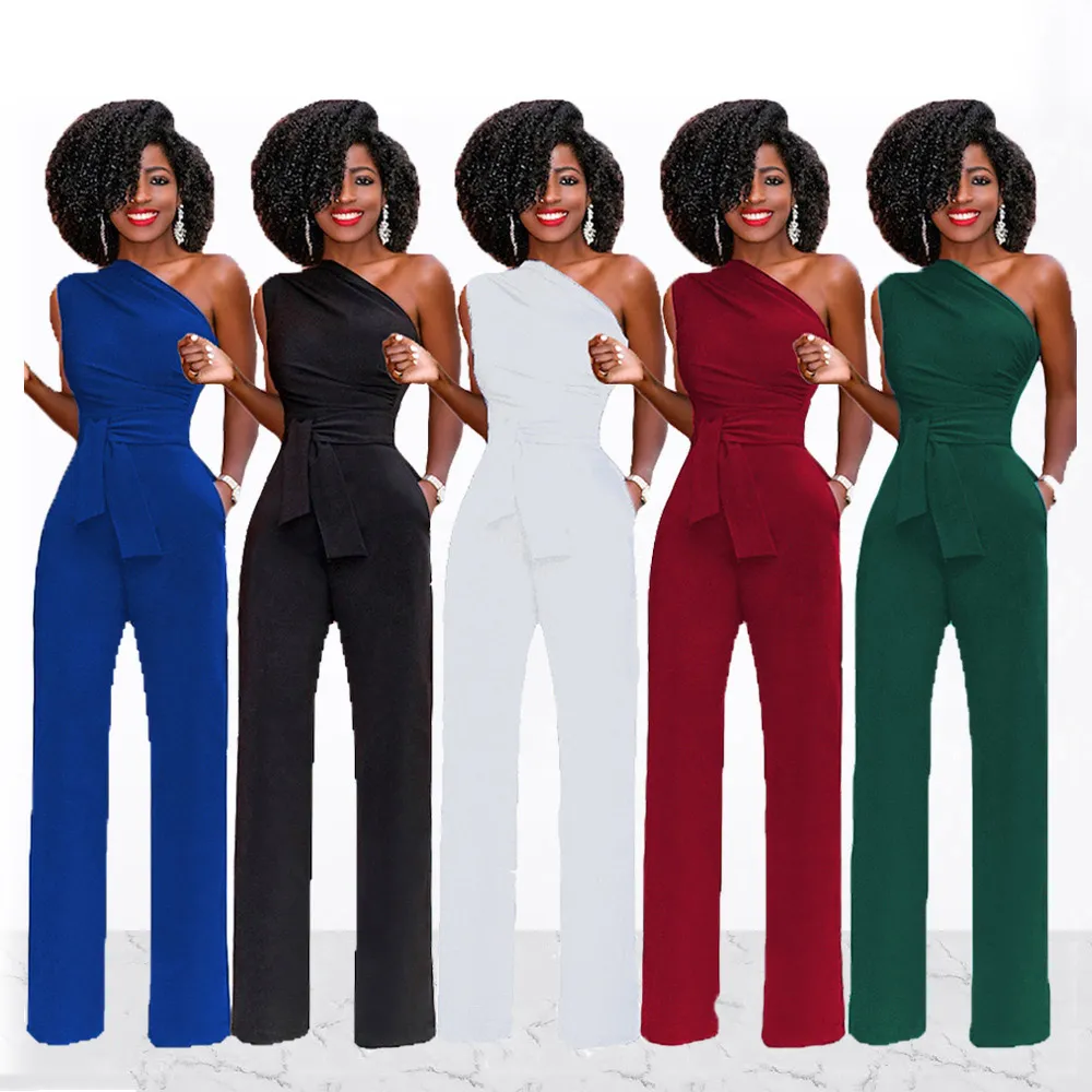 Women's Fashion Sexy Solid Color Oblique Shoulder Wide Leg Jumpsuits