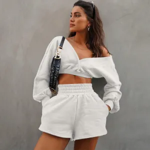 Athleisure Women Fashion Sexy Deep V Long Sleeve Crop Sweatshirt Shorts Two-Piece Set