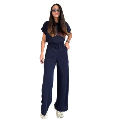 Summer Women Casual Solid Color Round Neck Short Sleeve Top Drawstring Pants Two-Piece Set