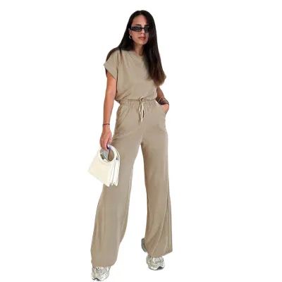Summer Women Casual Solid Color Round Neck Short Sleeve Top Drawstring Pants Two-Piece Set