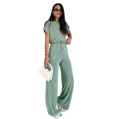 Summer Women Casual Solid Color Round Neck Short Sleeve Top Drawstring Pants Two-Piece Set