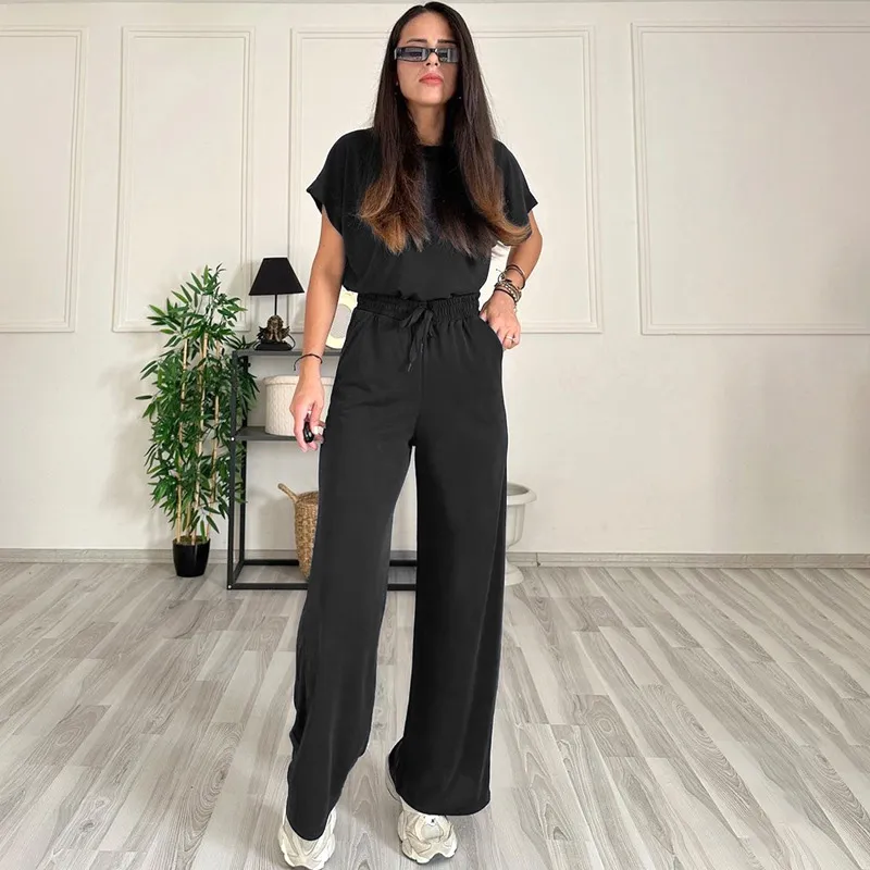 Summer Women Casual Solid Color Round Neck Short Sleeve Top Drawstring Pants Two-Piece Set
