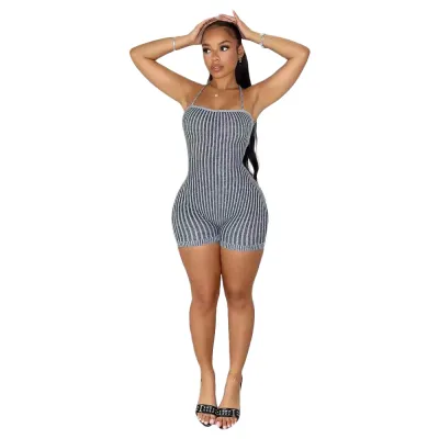 Women Fashion Sexy Stripe Backless Halter Neck Rompers