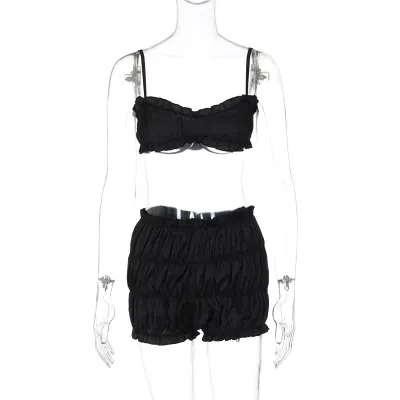 Women Fashion Sexy Solid Color Sling Top And Pleated Shorts Two-Piece Set