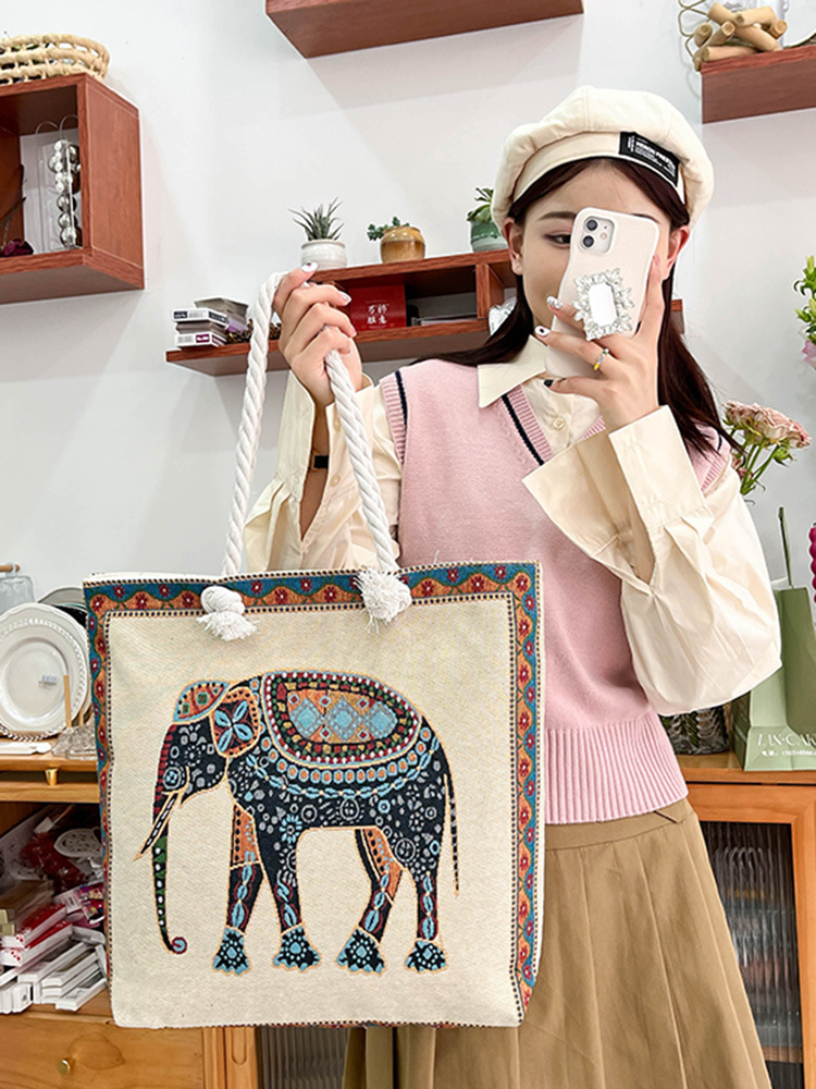 Wholesale Ethnic-Style Elephant Jacquard Canvas Tote Bag