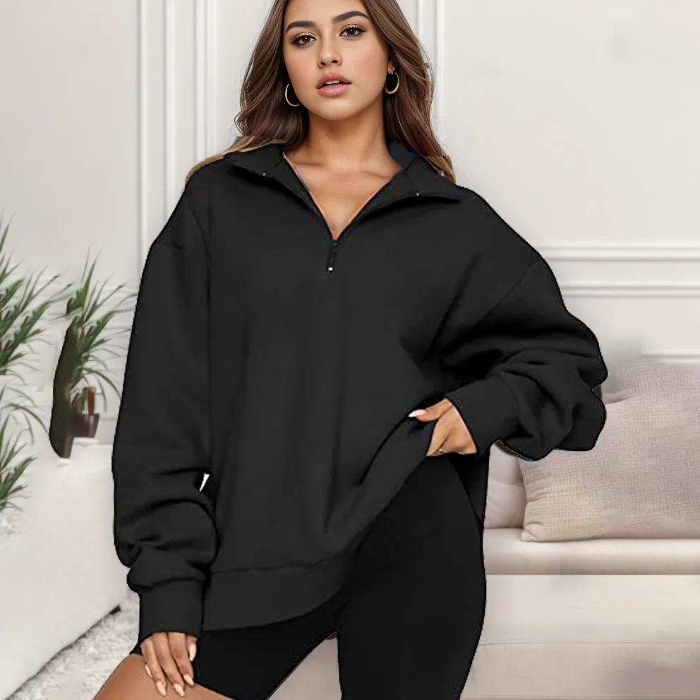 Autumn Winter Women Casual Solid Color Half Zipper Long Sleeve Pullover Sweatshirt