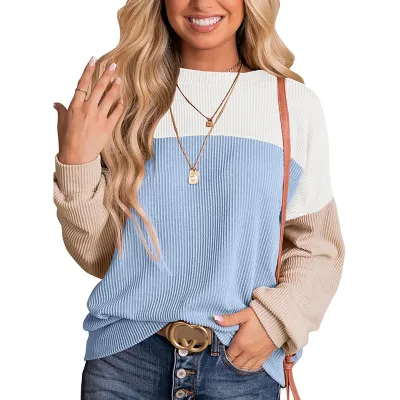Women Casual Stripe Jacquard Pullover Sweatshirt with Crew Neck and Long Sleeve