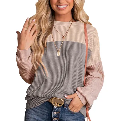 Women Casual Stripe Jacquard Pullover Sweatshirt with Crew Neck and Long Sleeve