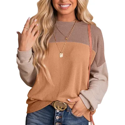 Women Casual Stripe Jacquard Pullover Sweatshirt with Crew Neck and Long Sleeve