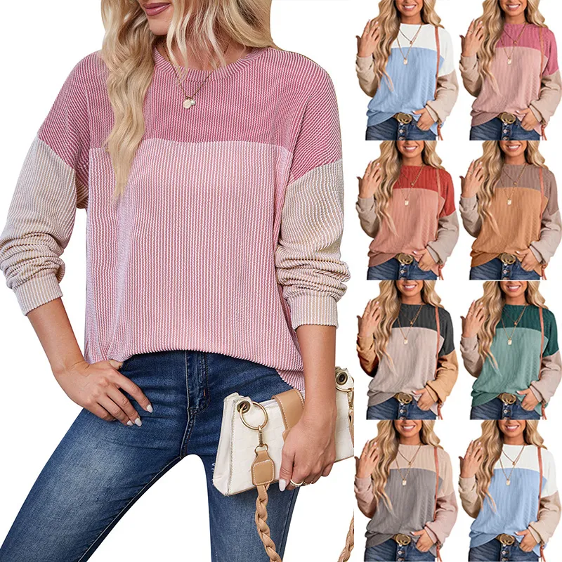Women Casual Stripe Jacquard Pullover Sweatshirt with Crew Neck and Long Sleeve