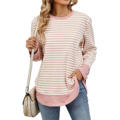 Women Casual Stripe Pullover Sweatshirt Loose Fit Long Sleeve Crewneck