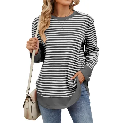 Women Casual Stripe Pullover Sweatshirt Loose Fit Long Sleeve Crewneck