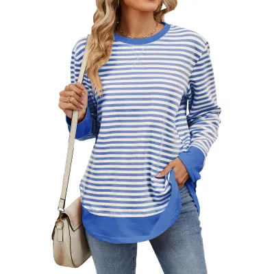 Women Casual Stripe Pullover Sweatshirt Loose Fit Long Sleeve Crewneck