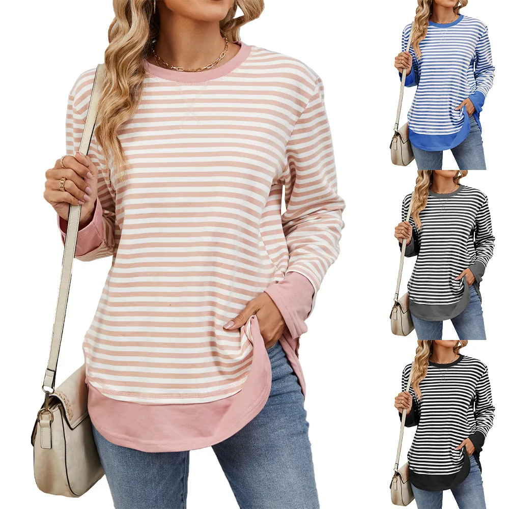 Women Casual Stripe Pullover Sweatshirt Loose Fit Long Sleeve Crewneck