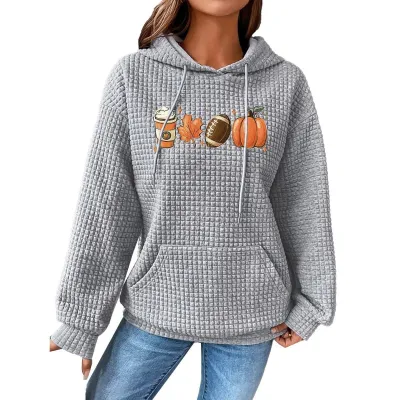 Women Maple Leaf Cute Cat Letter Print Long Sleeve Hoodie