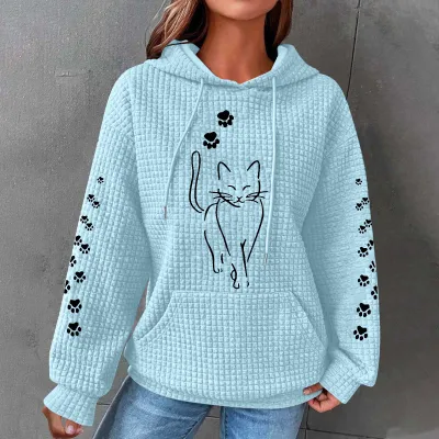 Women Maple Leaf Cute Cat Letter Print Long Sleeve Hoodie