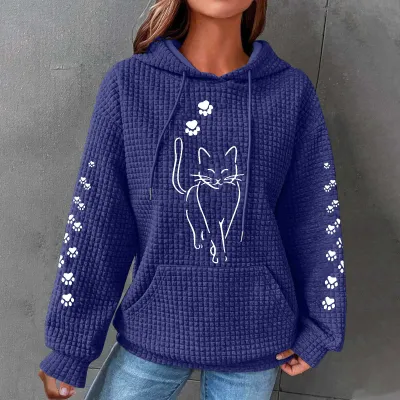 Women Maple Leaf Cute Cat Letter Print Long Sleeve Hoodie