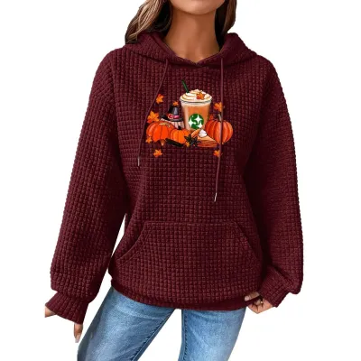 Women Maple Leaf Cute Cat Letter Print Long Sleeve Hoodie