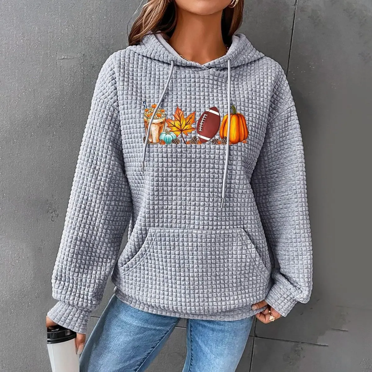 Women Maple Leaf Cute Cat Letter Print Long Sleeve Hoodie