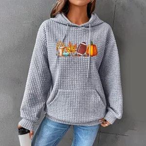 Women Maple Leaf Cute Cat Letter Print Long Sleeve Hoodie