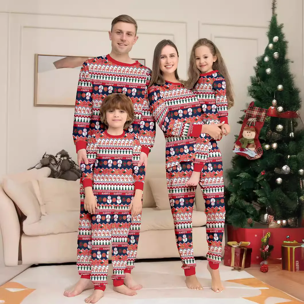Cartoon Cute Christmas Snowman Elk Print Home Parent-Child Pajamas Set for Family Matching