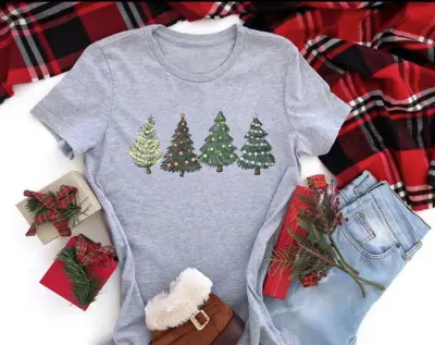 Cartoon Christmas Tree Print Round Neck Short Sleeve Cotton T-Shirt for Kids Family Matching Outfits