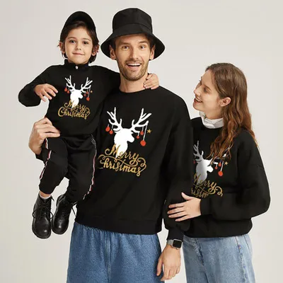 Cartoon Cute Christmas Snowflake Elk Print Parent-Child Crewneck Long-Sleeved Cotton Sweatshirt Family Matching Outfits