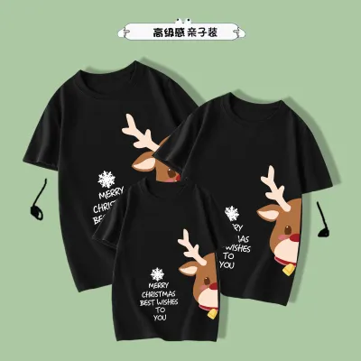 Cartoon Cute Christmas Elk Print Round Neck Short Sleeve Parent-Child T-Shirt Kids Family Matching Outfits
