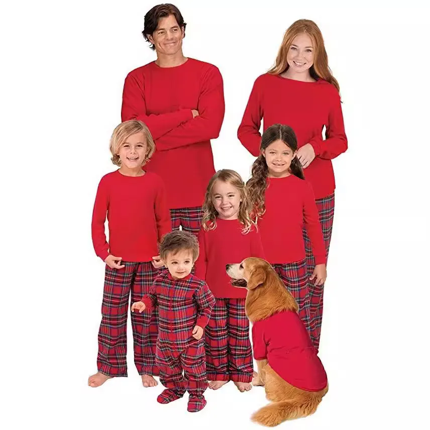 Simple Fashion Christmas Plaid Round Neck Long Sleeve Cotton Parent-Child Home Pajamas Set
