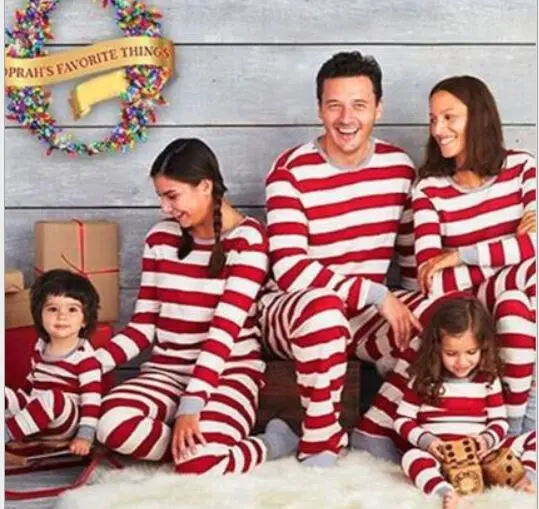 Simple Christmas Stripe Print Round Neck Long Sleeve Home Parent-Child Pajamas Set