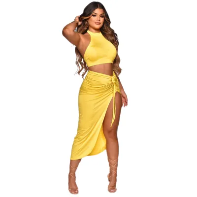 Summer Women Fashion Sexy Sleeveless Crop Top Creased Drawstring Split Skirt Two-Piece Set